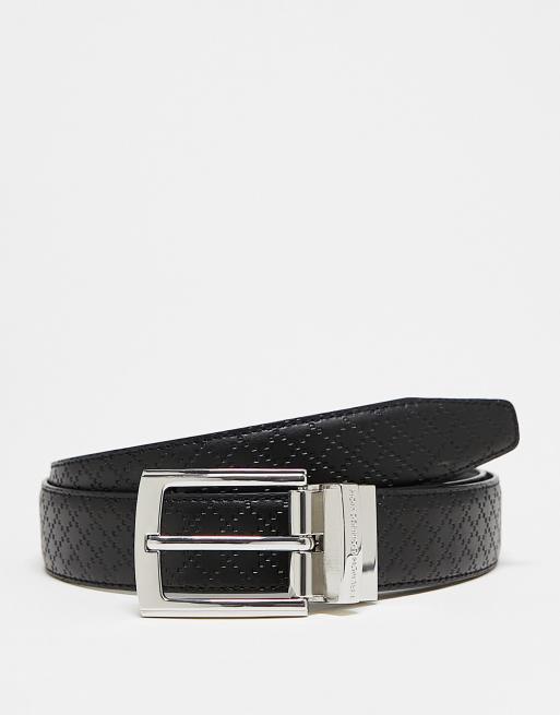 French Connection - Cintura double-face nera in pelle con goffratura a rombi