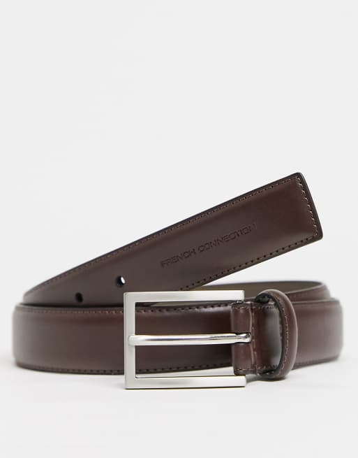 French Connection - Cintura marrone con fibbia in nichel spazzolato