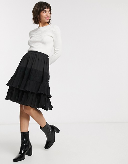 French Connection clandre vintage lace mix skirt in black