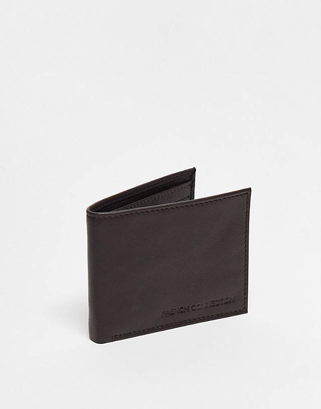 French Connection - classic leather bi-fold metal bar wallet in brown