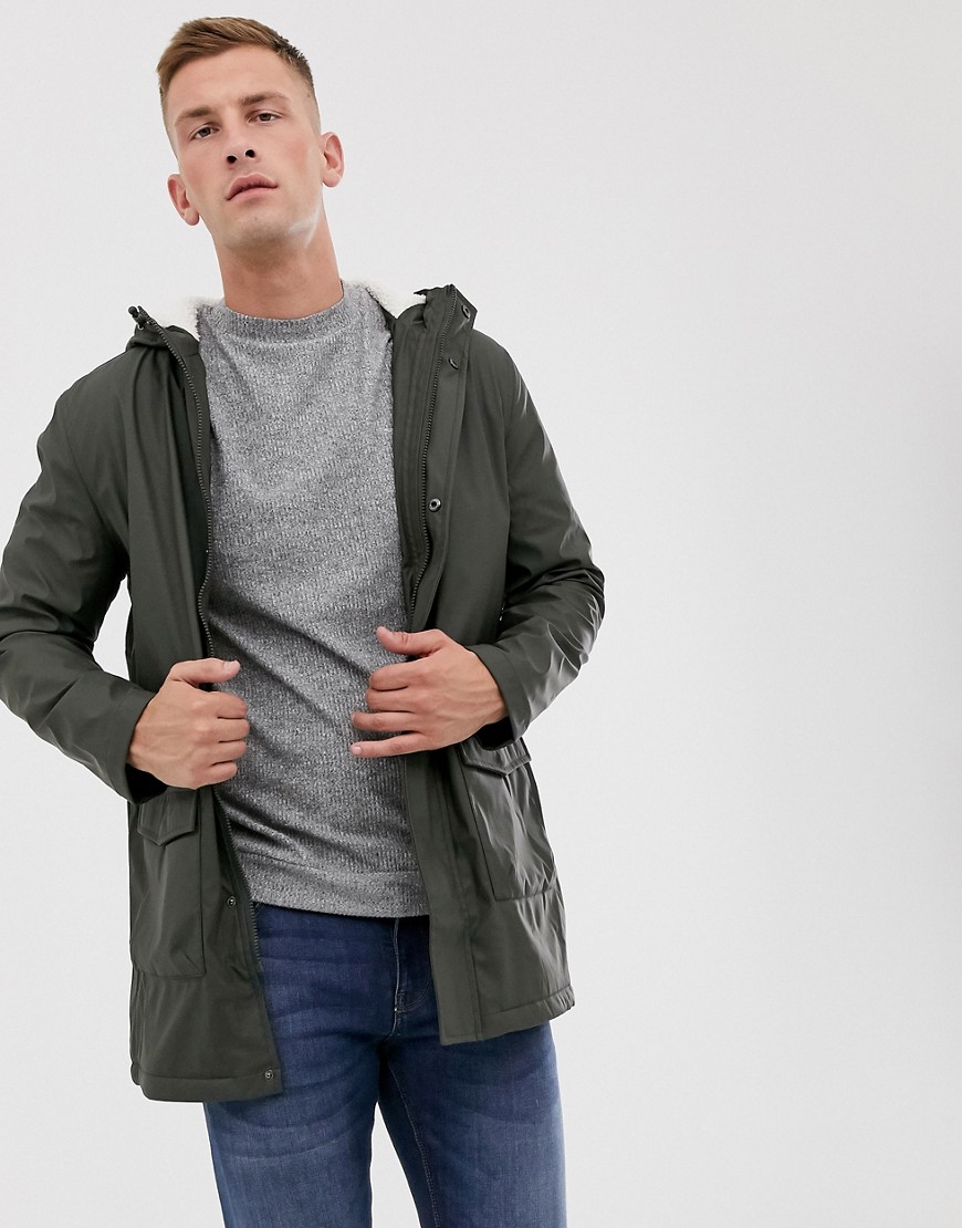 French Connection coated hooded borg lined parka-Green
