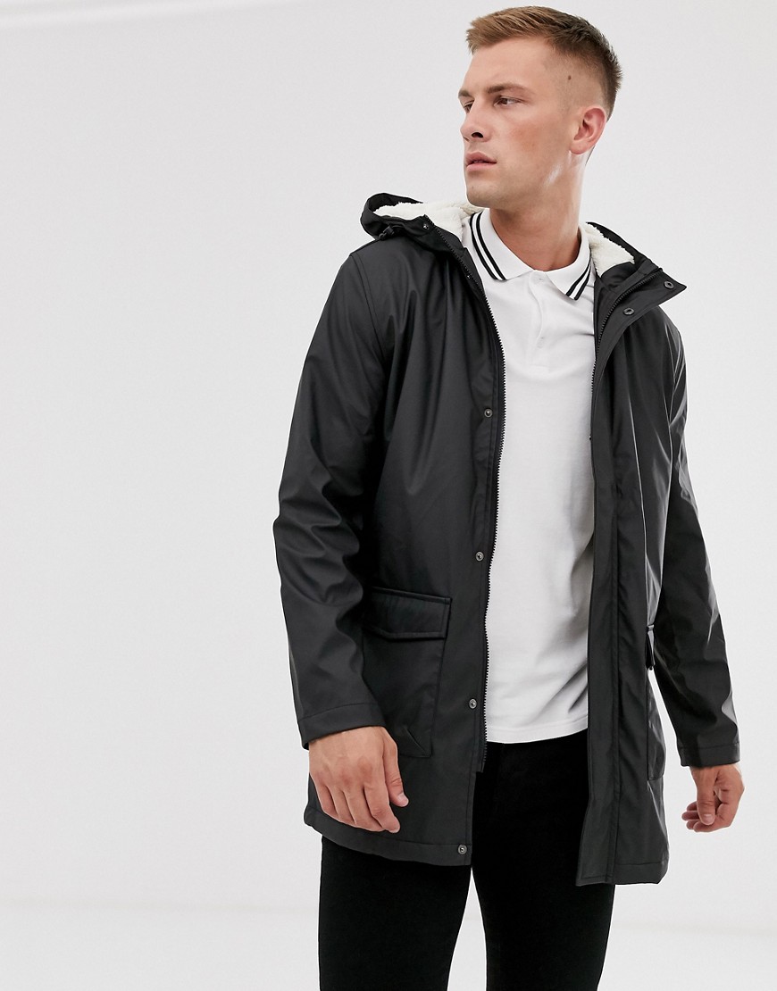 French Connection coated hooded borg lined parka-Black