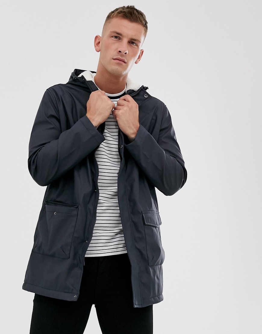French Connection coated hooded borg lined parka-Navy