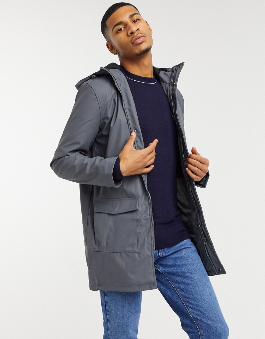 French Connection coated hooded fleece lined parka coat in dark gray-Grey