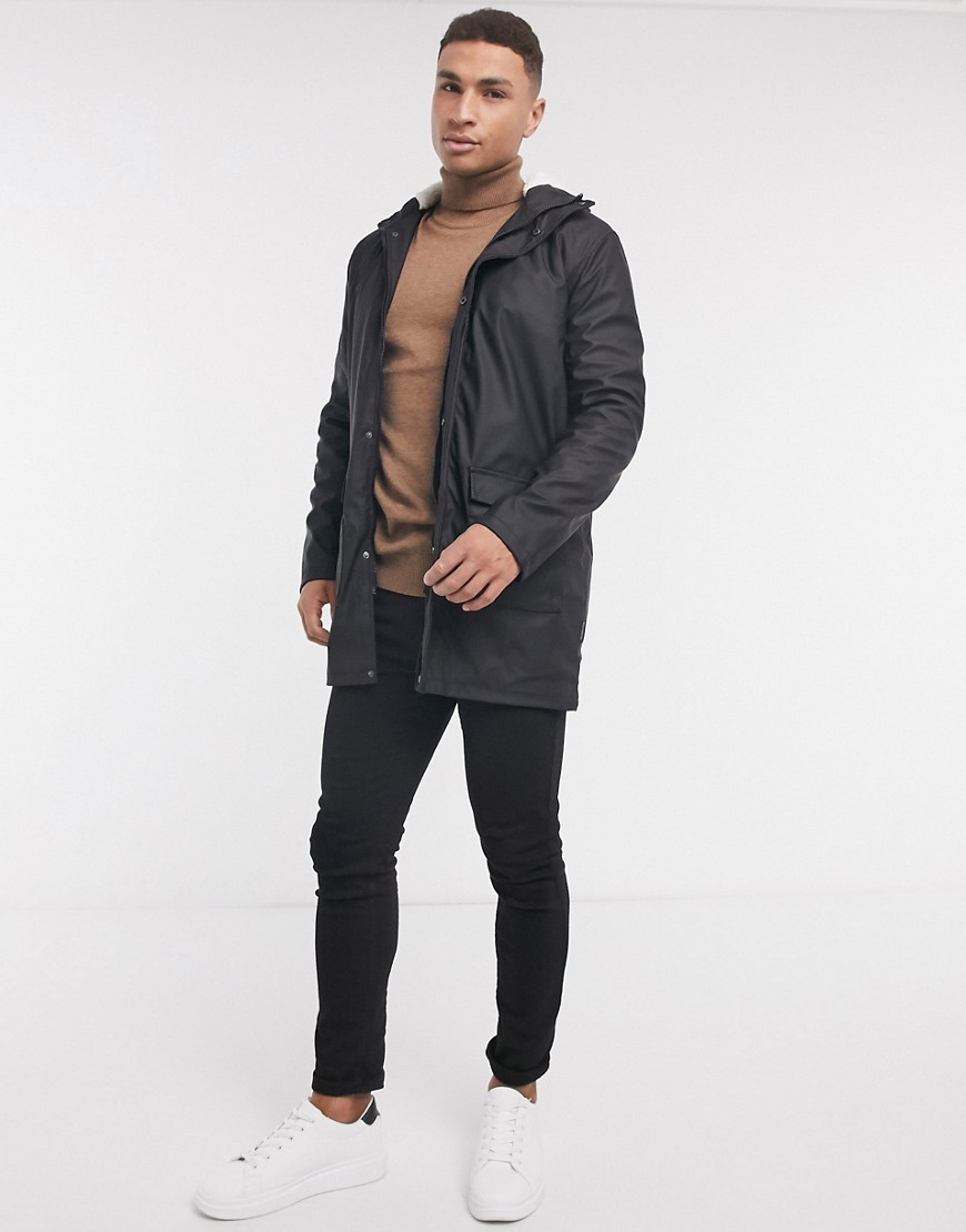 French Connection coated hooded sherpa-lined parka coat in black