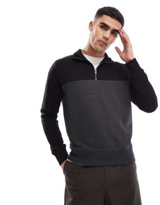 French Connection color block half zip sweatshirt in black and gray-Multi