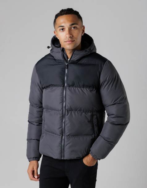 French Connection Colour block hooded puffer jacket with high neck in grey - view 1