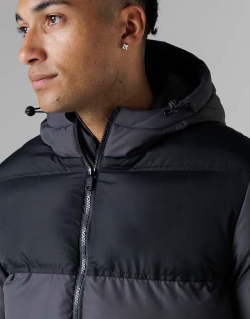 French Connection Colour block hooded puffer jacket with high neck in grey, 2 of 4