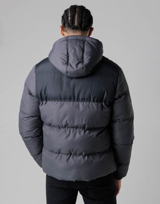 French Connection Colour block hooded puffer jacket with high neck in grey, 4 of 4