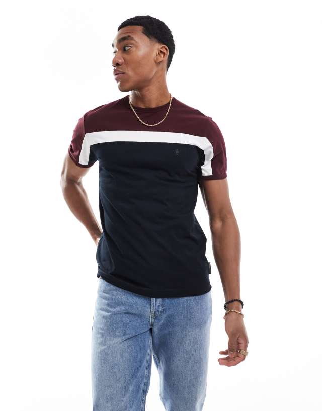 French Connection Mens - French Connection colour block t-shirt in navy & burgundy