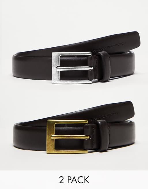 French Connection - Confezione da 2 cinture in pelle con fibbia marrone e nera
