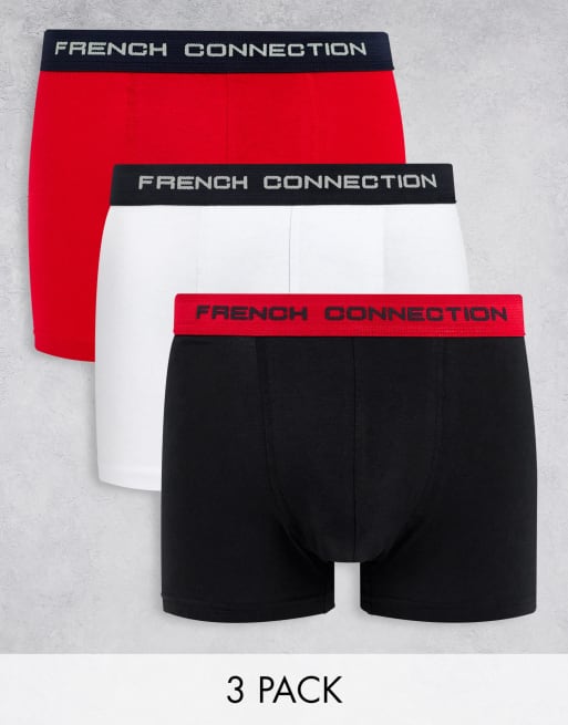 French Connection - Confezione da 3 boxer aderenti rossi multicolore con elastico in vita a contrasto
