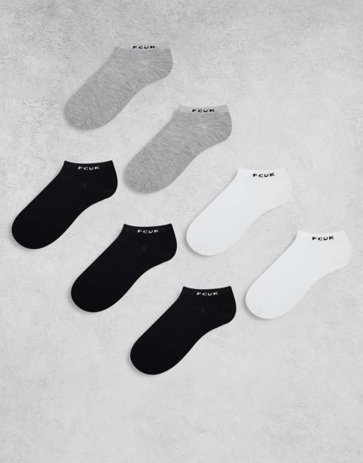 French Connection - Confezione da 7 paia di calzini sportivi color bianco, nero e grigio
