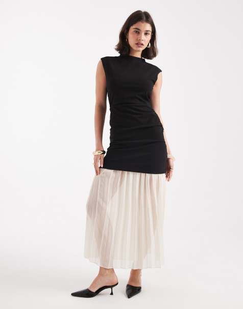 French Connection contrast midi dress with pleated skirt in black and cream - view 1
