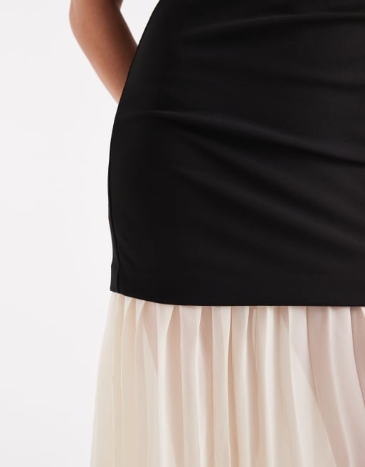 French Connection contrast midi dress with pleated skirt in black and cream, 4 of 4