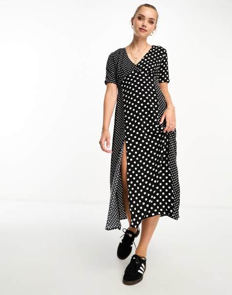 French Connection contrast panel polka dot midi dress in black and white - view 1