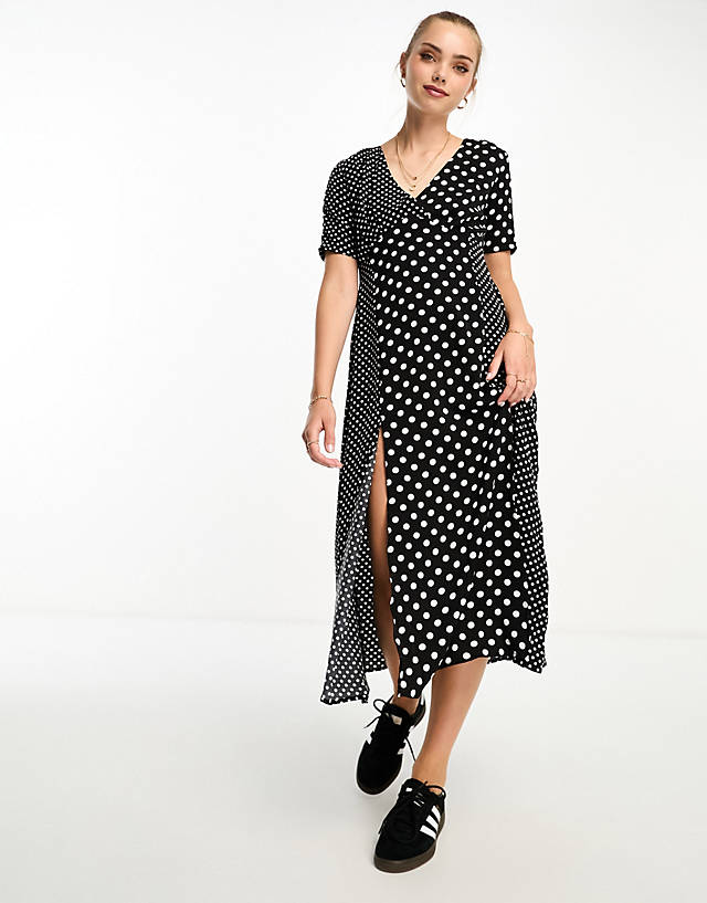 French Connection - contrast panel polka dot midi dress in black and white