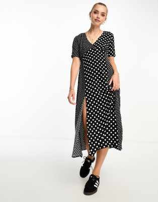french connection contrast panel polka dot midi dress in black and white