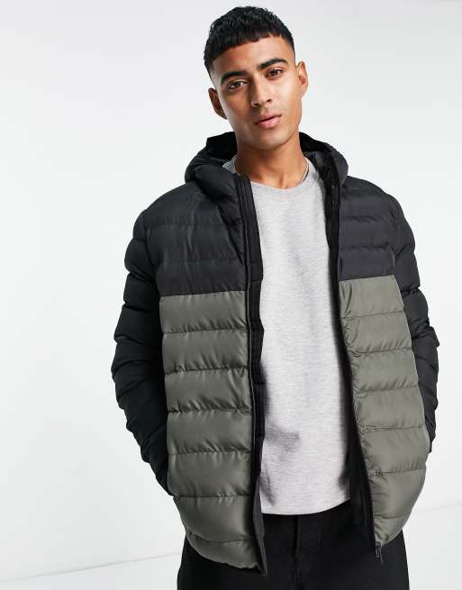 French Connection contrast puffer jacket with hood in black & khaki | ASOS