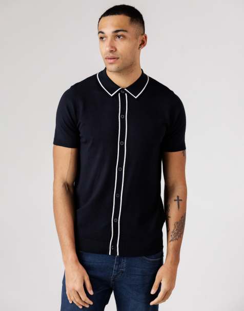 French Connection Contrast trim short sleeve button-up polo shirt in navy - view 1