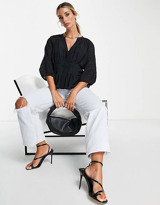 Women Shirts & Blouses/French Connection Cora wrap top with waistband detail and sheet sleeves in black 