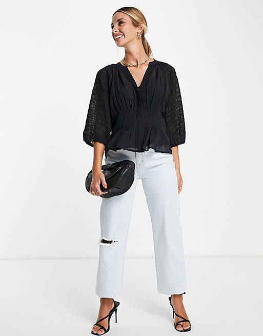 Women Shirts & Blouses/French Connection Cora wrap top with waistband detail and sheet sleeves in black 