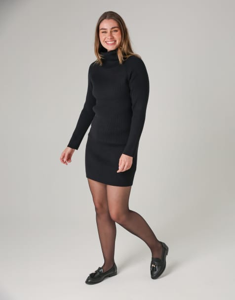 French Connection Cosy ribbed cowl neck long sleeve mini dress in black