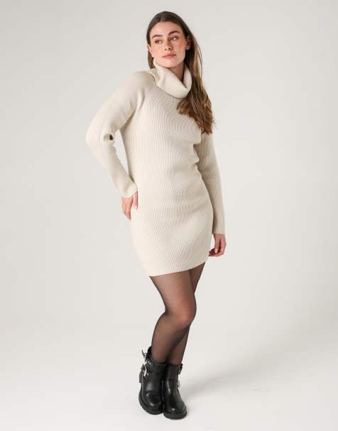 French Connection Cosy ribbed cowl neck long sleeve mini dress in cream