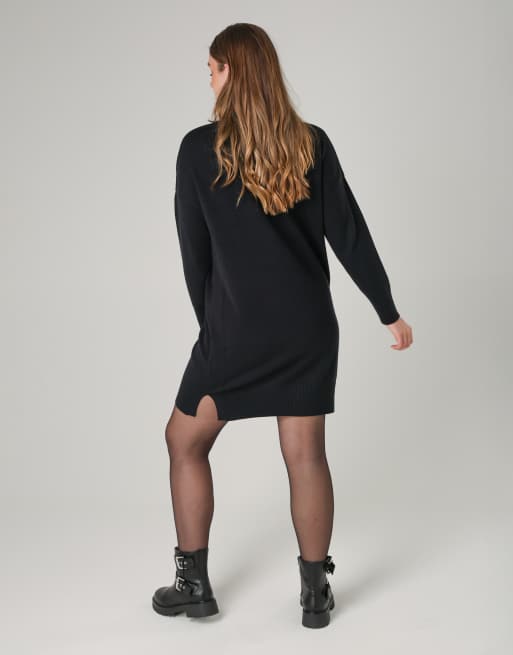knee length dresses for ladies Cosy Knit Scallop Hem Long Sleeve Dress Black