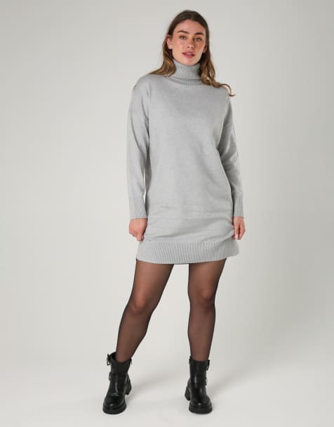 French Connection Cosy roll neck long sleeve mini dress in light grey