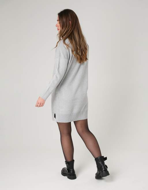 French Connection Cosy roll neck long sleeve mini dress in light grey | ASOS