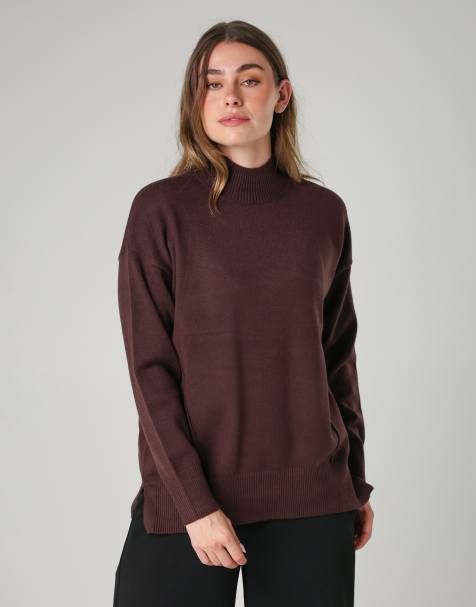 French Connection Cosy soft touch high neck seam jumper in brown - view 1