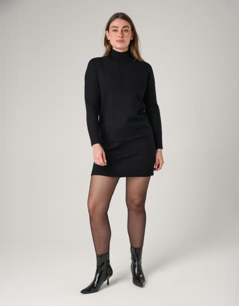French Connection Cosy soft touch high neck seam jumper mini dress in black - view 1