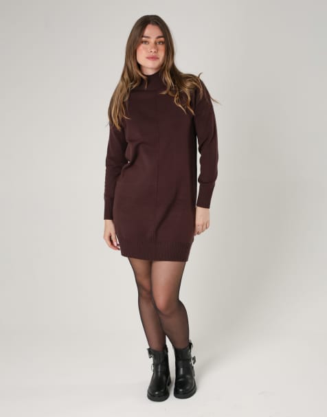 French Connection Cosy soft touch high neck seam jumper mini dress in brown - view 1
