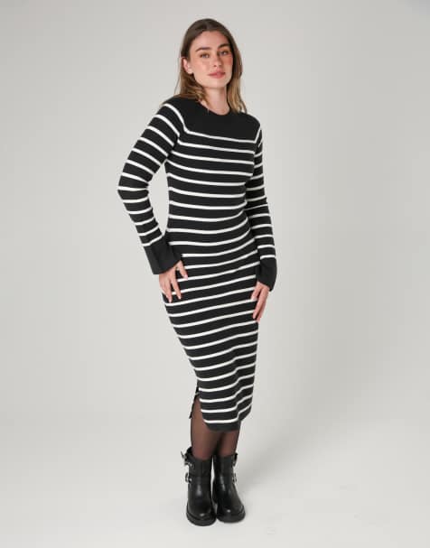 French Connection Cosy striped midi dress with bell sleeves in dark grey - view 1