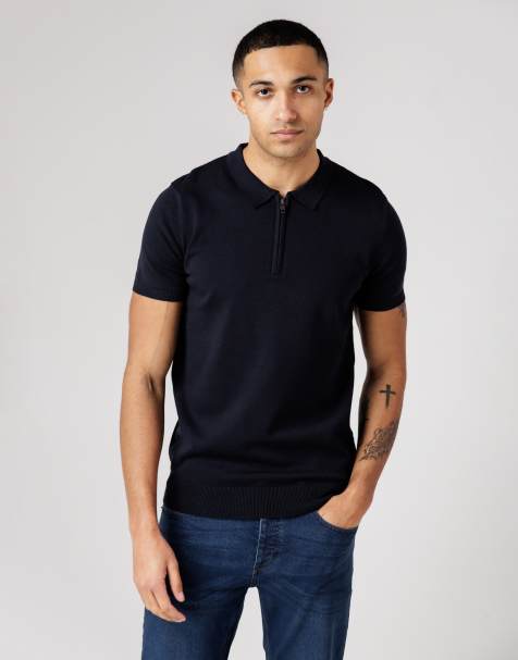 French Connection Cotton 1/2 zip short sleeve polo shirt in navy - view 1
