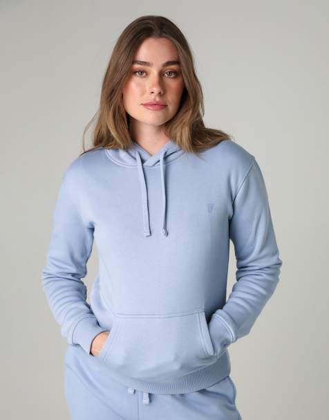 French Connection Cotton blend drawcord kangaroo pocket hoody in light blue - view 1
