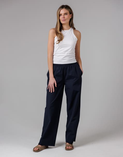 French Connection Cotton blend elasticated straight leg poplin trousers in navy