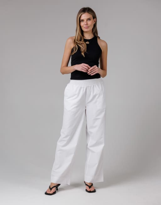 French Connection Cotton blend elasticated straight leg poplin trousers in white, 3 of 4