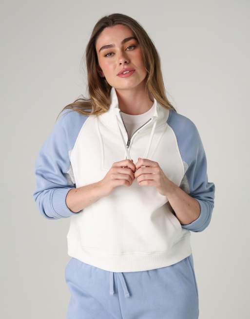 French Connection Cotton blend panel colourblock pullover zipped hoody in ivory, 4 of 4