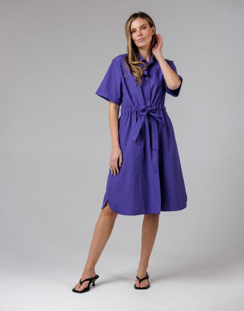 French Connection Cotton blend short sleeve tie waist poplin midi shirt dress in blue - view 1
