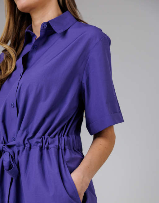 French Connection Cotton blend short sleeve tie waist poplin midi shirt dress in blue, 3 of 4