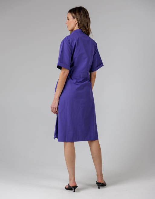 French Connection Cotton blend short sleeve tie waist poplin midi shirt  dress in blue | ASOS