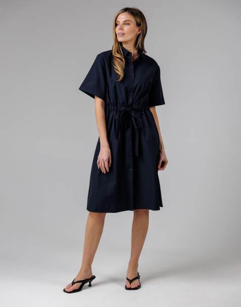 French Connection Cotton blend short sleeve tie waist poplin midi shirt dress in navy - view 1