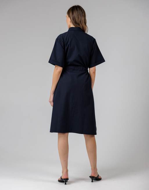 French Connection Cotton blend short sleeve tie waist poplin midi shirt dress in navy, 2 of 4