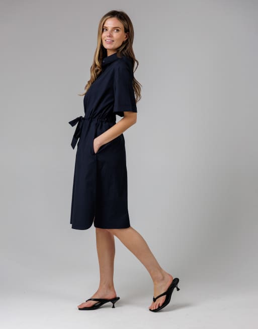 French Connection Cotton blend short sleeve tie waist poplin midi shirt dress in navy, 3 of 4