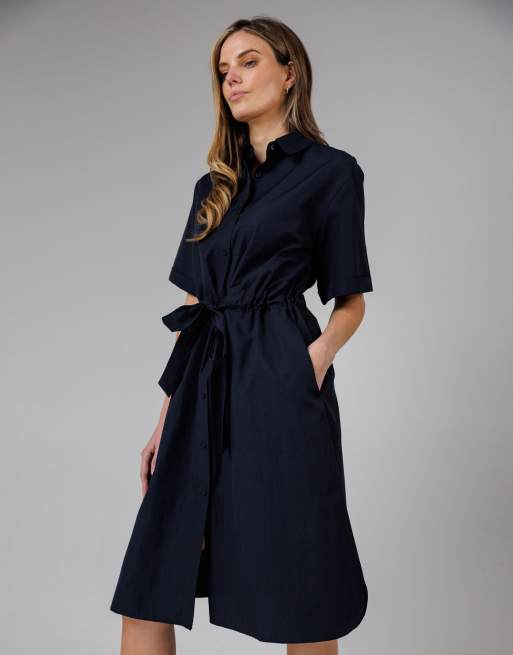 French Connection Cotton blend short sleeve tie waist poplin midi shirt  dress in navy | ASOS