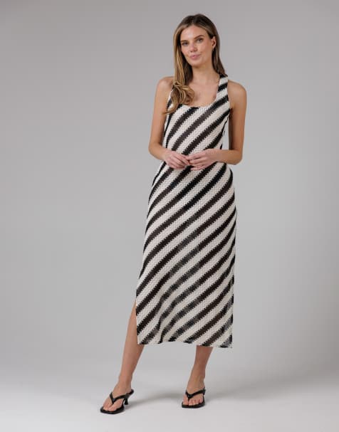 French Connection Cotton blend stripe crochet scoop neck tie back midi dress in black