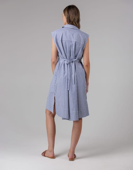 French Connection Cotton blend striped sleeveless midi collared shirt dress in blue, 2 of 4