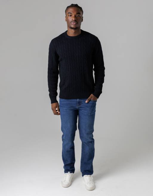 French Connection Cotton cable knit crew neck jumper in navy, 3 of 4
